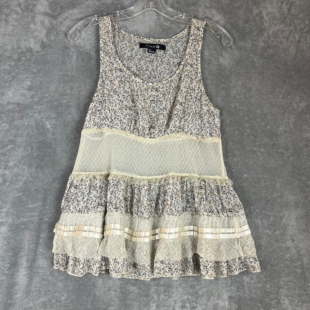 Y2K Forever 21 Tank Top Womens S Tiered Lace Floral Coquette Romantic